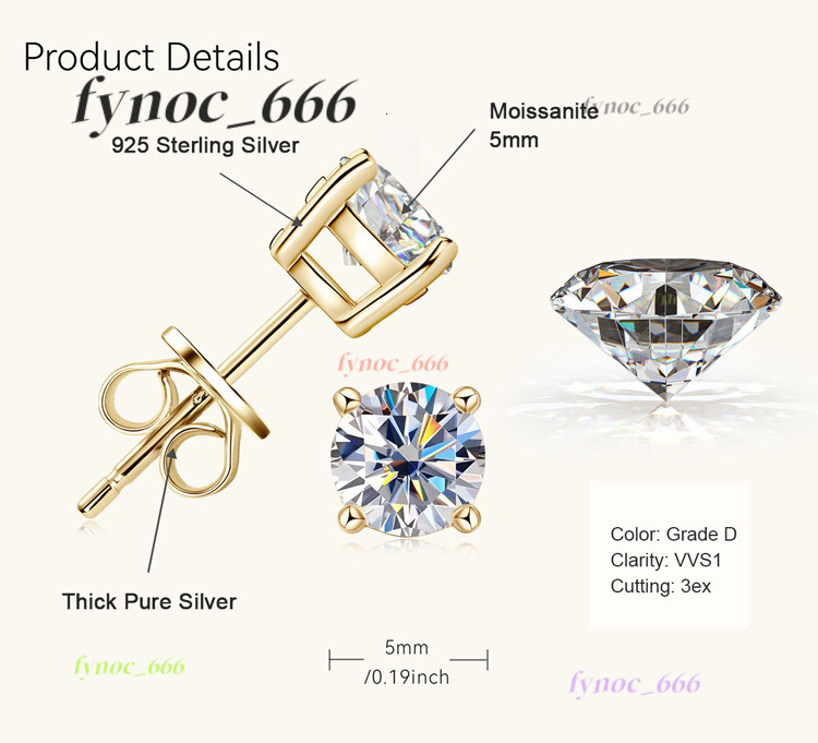 Custom Quality 925 Sterling Silver 18k Gold Certified 0.1ct 0.3ct 0.5ct 1ct 2ct 3ct Diamond Moissanite Stud Earrings for Women