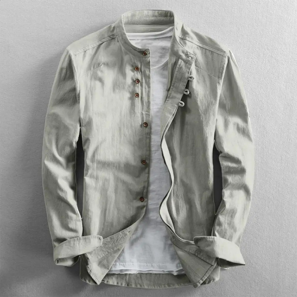 Japan Style Men Cotton Linen Shirt Long Sleeve Slim Fit Singlebreasted Cardigan Shirt Harajuku Stand Collar Men Casual Shirts 250827