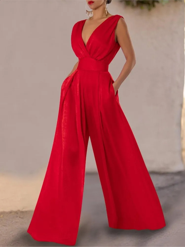 Jumpsuit Women Summer Sleeveless Sexy Deep Vneck Solid Color High Waist Wide Leg Jumpsuits Elegant Commuting Lady Playsuits 250827