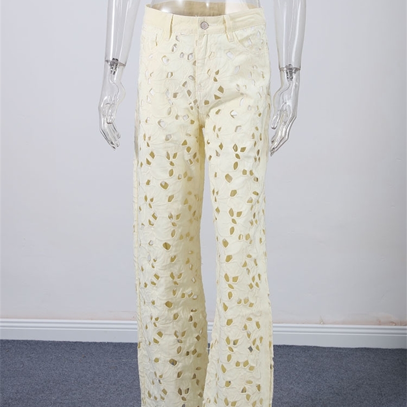 Casual Hollow Out Jeans Women Loose Solid Flower Hole High Waist Wide Denim Pants 2025 Autumn Fashion Streetwear Lady Trousers Z260313