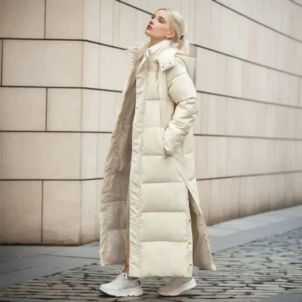 Cotton Coat Long Parka Jacket Women 2024 Autumn Winter Thick Warm Coats Woven Block Trend Hooded White Down Parkas 250827