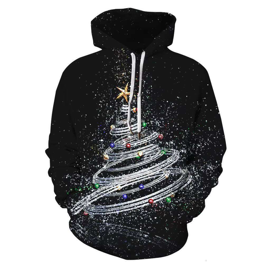 European American Christmas Hoodie for Men New 3D Digital Printing Loose Long-Sleeved Sweatshirt Solid Pattern Hooded Collar