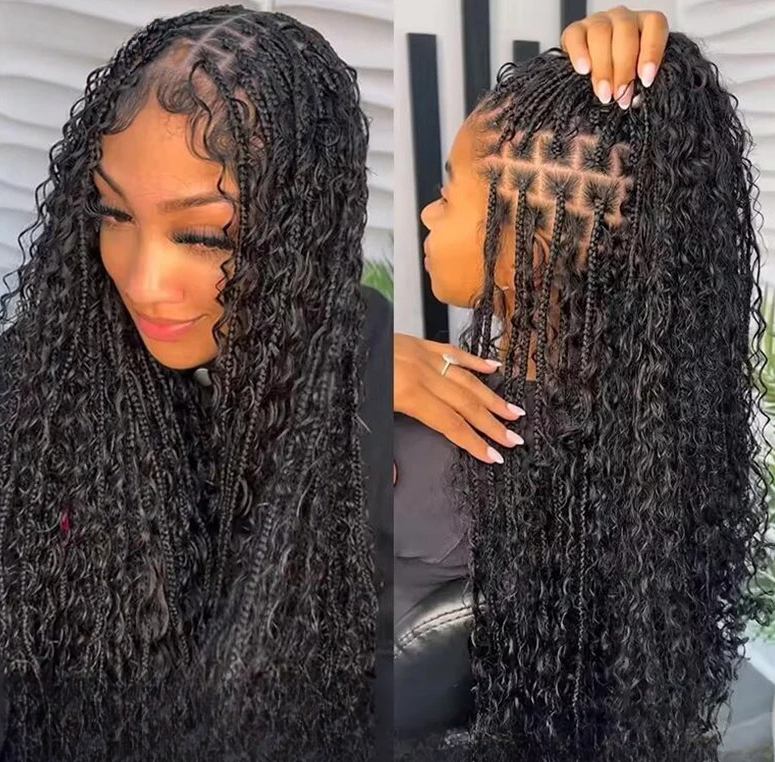 Boho Box Braided Wigs Curly Hair Lace Front Wig Synthetic Full Lace Frontal Wigs for Black Women Goddess Locs Braid Wig Bohemian Box Braid Wig