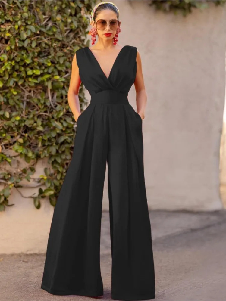 Jumpsuit Women Summer Sleeveless Sexy Deep Vneck Solid Color High Waist Wide Leg Jumpsuits Elegant Commuting Lady Playsuits 250827