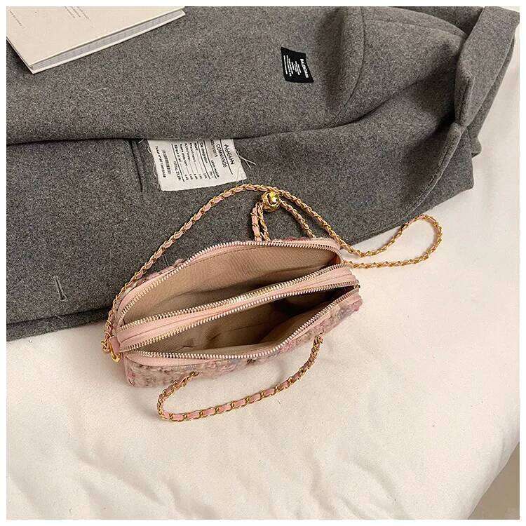 Women Brand Wool Weave Crossbody Casual Chain Box Messenger Shoulder Bag 2024 Winter New Trending