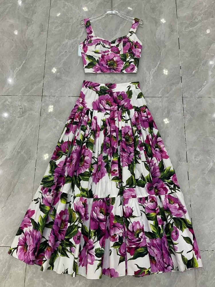 Casual Sicilian Rose 2 Piece Sets Women Summer Holiday Bohemian Beach Floral Long Dresses Crop Tops Maxi Skirts Suits Outfits 250827