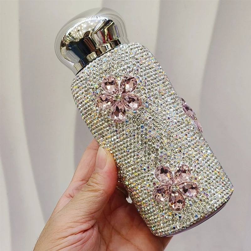 Designer Stainless Steel Portable Thermos Bottle for Women Luxury Five-petaled Flowers Rhinestone Vacuum Flask Hot and Cold Water Kettle 220ml