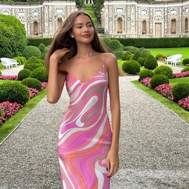 Striped Rainbow Spaghetti Strap Split Dress Women Sleeveless Backless Vneck Beach Dresses 2025 Summer Party Chic Lady Robe 250827