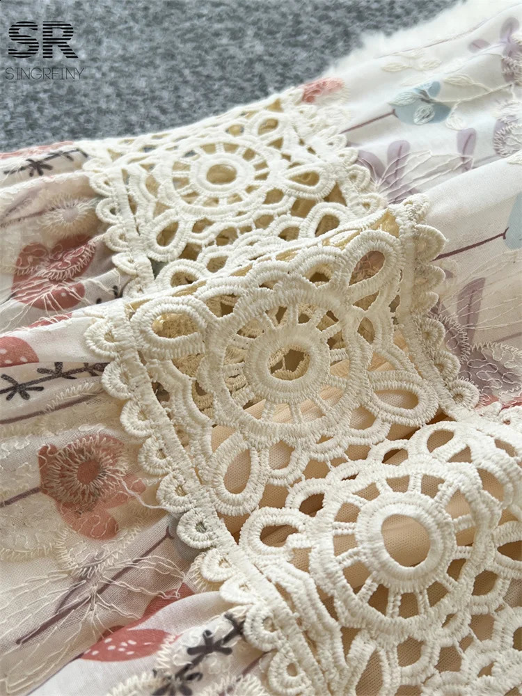 SINGREINY Senior Floral Long Dresses Women Lantern Sleeve O Neck Lace Up Single Breasted High Quality Court Print Dress 250827