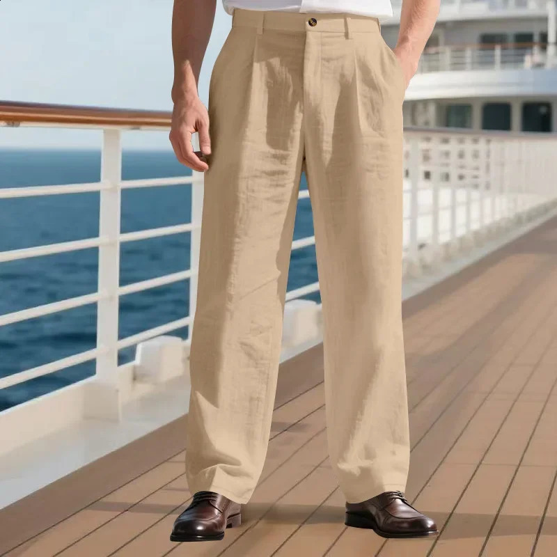 Mens European And American Style Solid Color Linen Casual Suit Pants Fashion Beach WideLeg Trousers 250828
