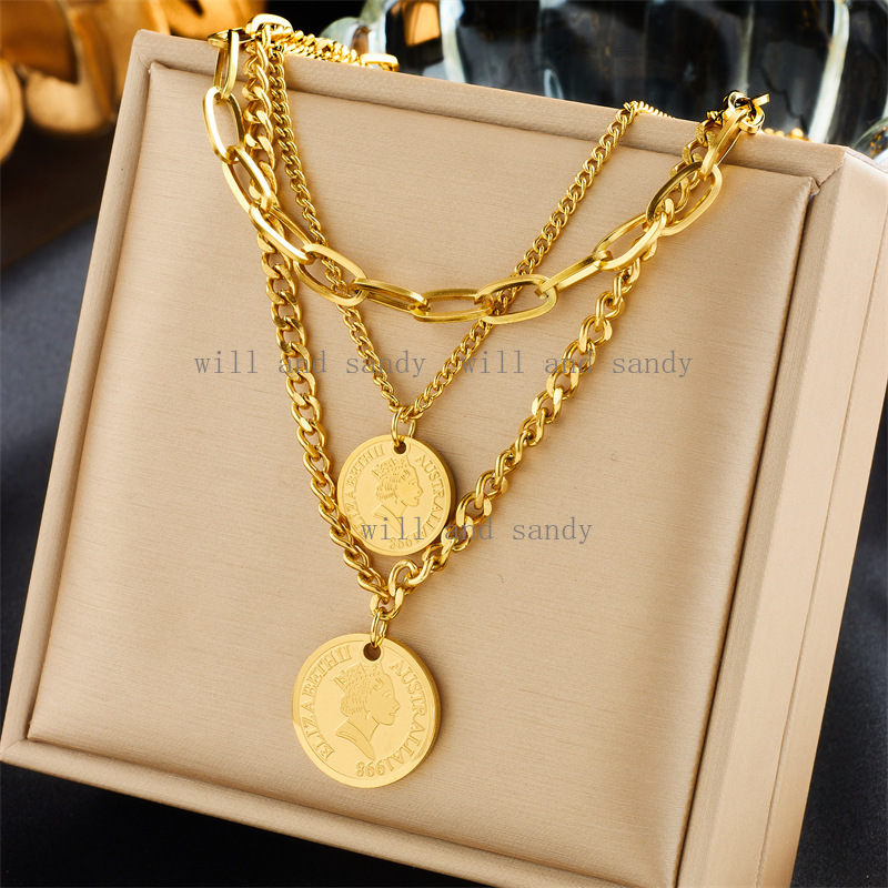 18K Gold Portrait Coin Necklace Pendant Designer Stainless Steel Gold Chain Queen Necklaces Multilayer Stacking Collar Woman Fashion Luxury Jewelry Gi