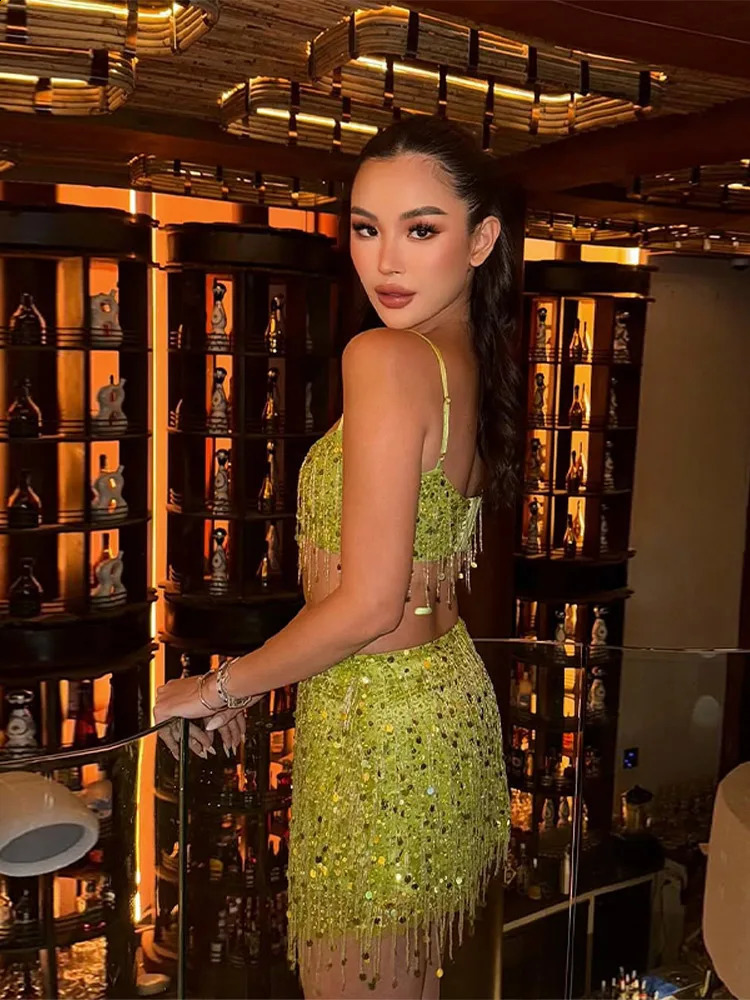 Sexy Sequin Tassel Top Mini Skirt Set Women Retro Solid Sleeveless Short Top Alined Skirts Sets Female Summer Chic Beach Street 250827