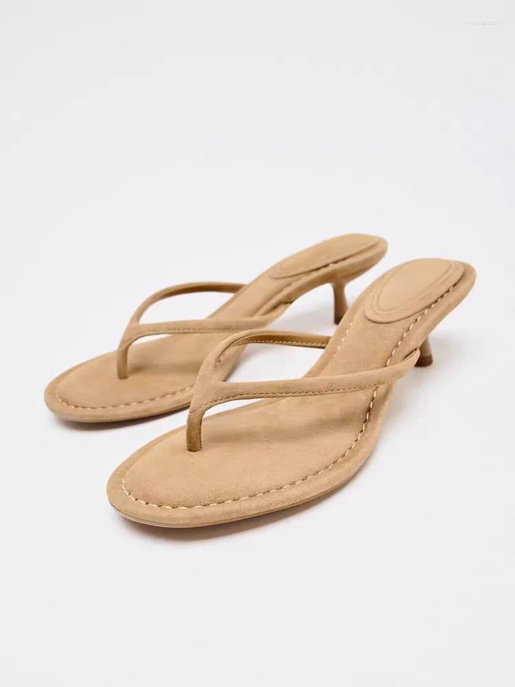 Sandals ZA2025 Women's Bla Thong Slippers Outdoor Wear Round Toe Thin Heel Faionable Synthetic Leather Inner