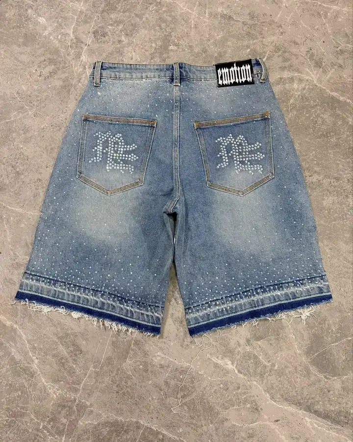 American Retro Letter Rhinestone Sequin Denim Short Y2K Jeans Men Hip Hop Retro Washed Baggy Shorts Low Waist Over The Knee Pant 250827