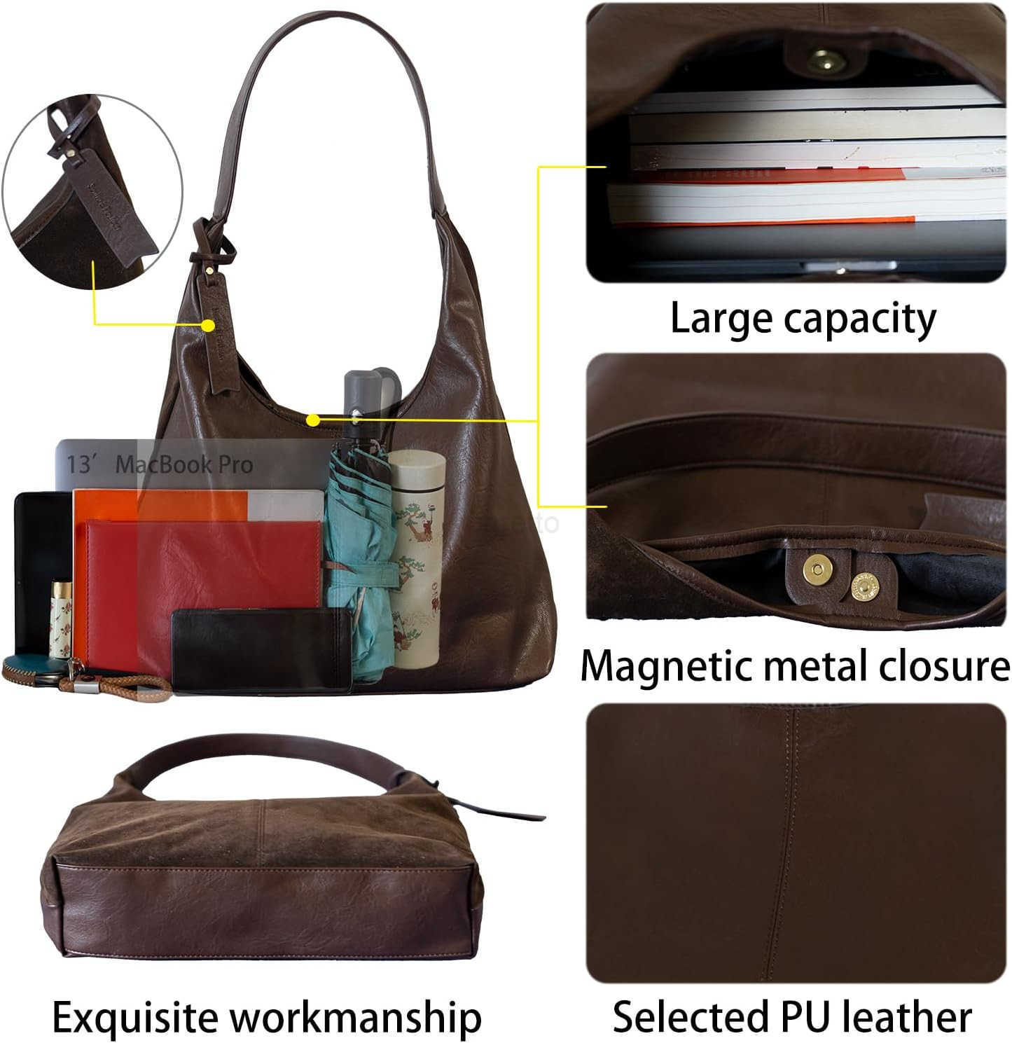 ather and Suede Tote Bag Shoulder Bag for Women Large Capacity Hobo Bag with Interior Pockets M250828