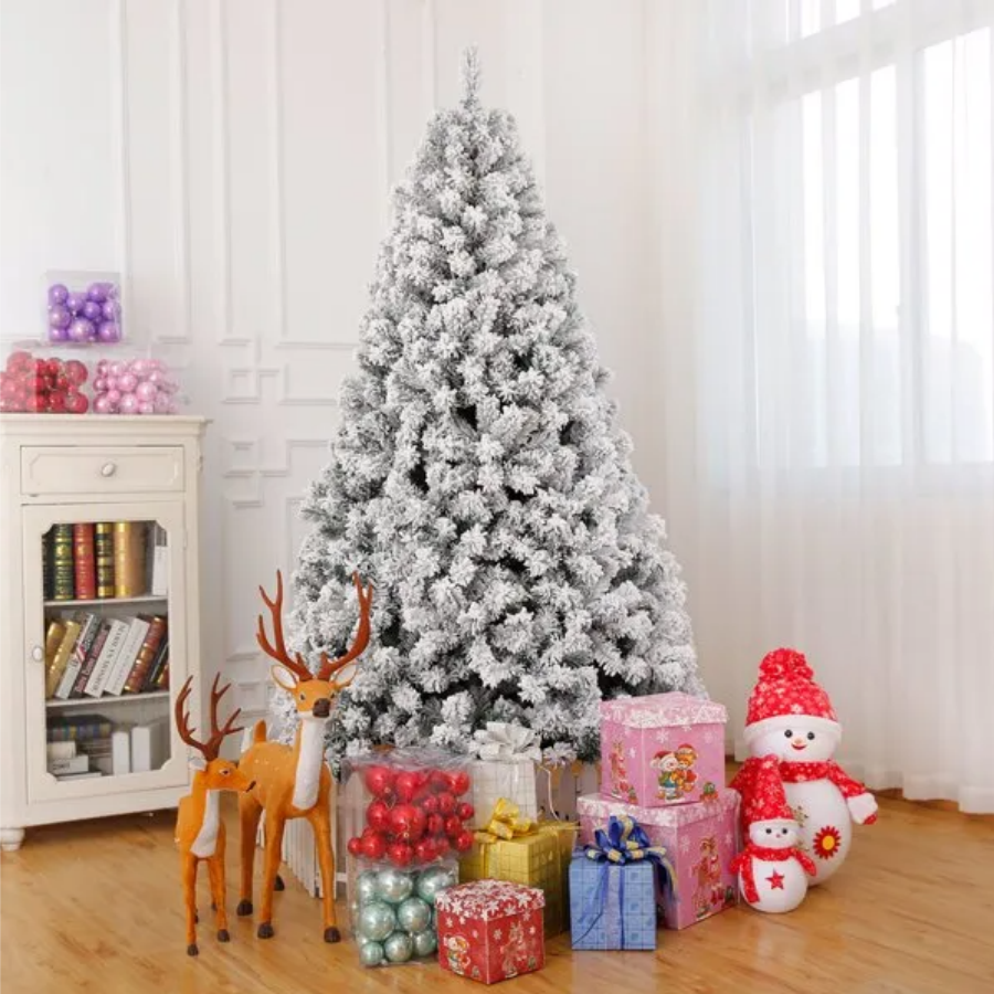 7 FT Pre-lit Snow Flocked Christmas Tree Artificial Hinged Xmas Pine Tree with 1000 Branch Tips 400 Lights and Remote Control for Holiday Party Office
