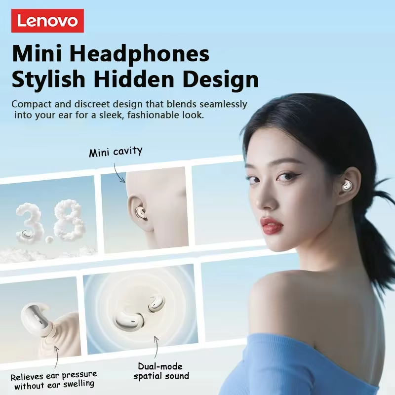 LenovoServices Sleep Invisible Wireless Mini Earphones Bluetooth 6.0 Stereo LE203 Headphones Long Endurance Noise Reduction with Mic