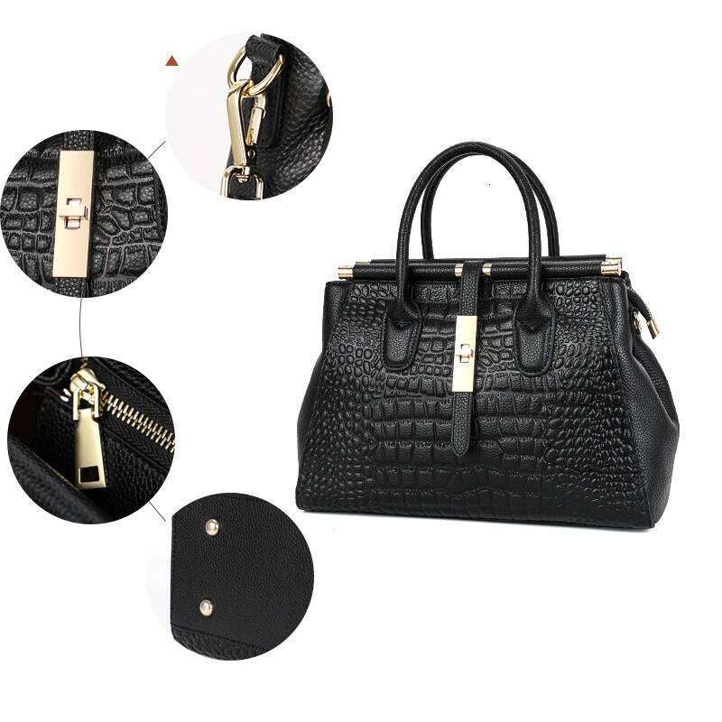 Aidrani Trendy Women's Handbag With Crocodile Pattern On The Surface Black Cowhide Large Bag