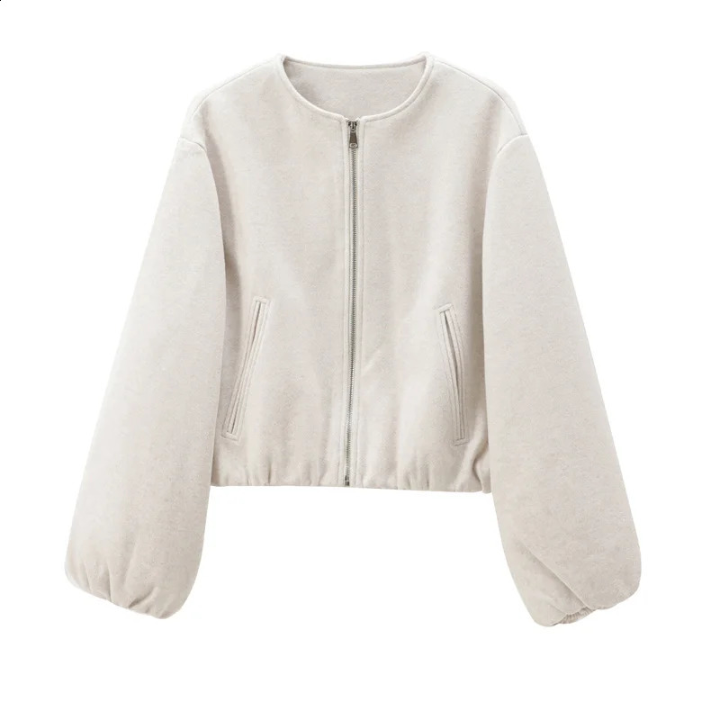 TRAF Outerwears Cropped Bomber Jacket Women Autumn Long Sleeve Faux Wool Coats For Woman Winter Zip Up Gray Beige Short y250827