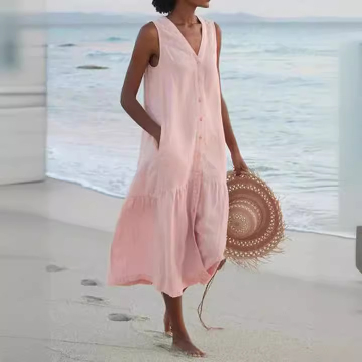 F825Summer foreign trade solid color cotton suspender type temperament commuting trend long skirt loose waist V-neck pink dress