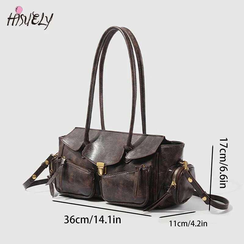 Vintage Underarm Bags For Women Versatile Multi-Pocket Motorcycle Girl Designer Handbag Spaghetti Strap Leather Bag