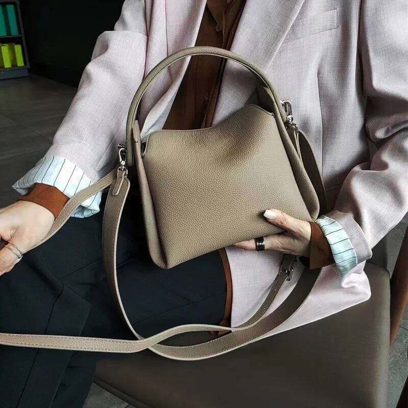 Elegant 100% Natural Togo Cowhide Leather Tote Wide Straps Female Shoulder Grey Black Doctor Bag Girl Handbag