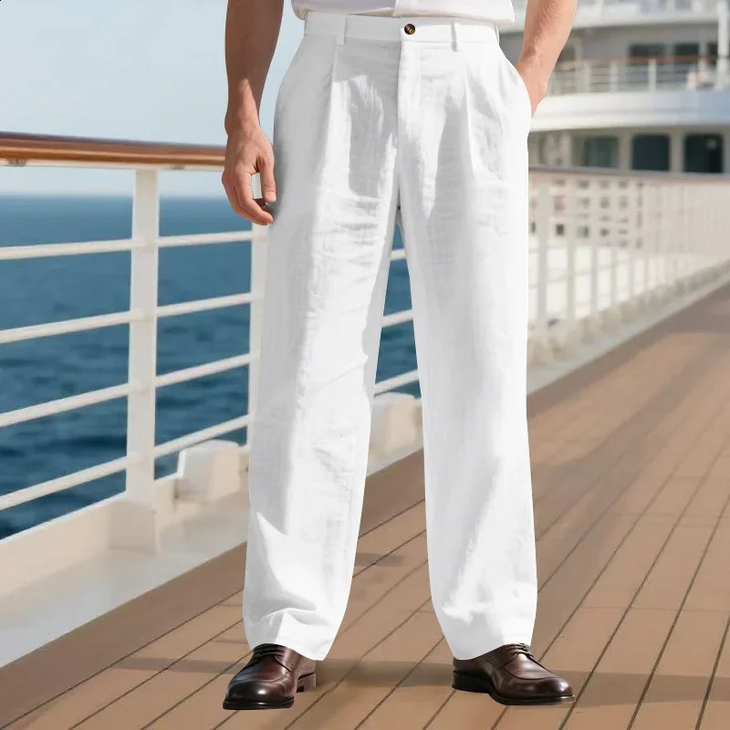 Mens European And American Style Solid Color Linen Casual Suit Pants Fashion Beach WideLeg Trousers 250828