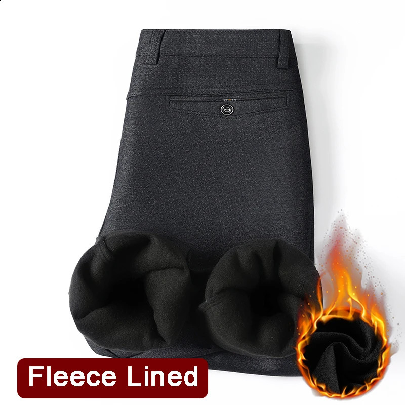Mens Fleece Lined Suit Pants Business Casual Loose Straight Black Formal Dress Navy Blue Thick Warm Trousers 251023