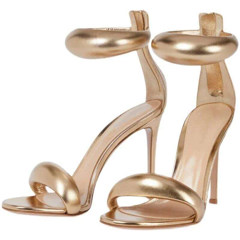 Summer New Women's 3D Trendy Genuine Leather Gold Open Toe One Line High Slim Heel Sandals