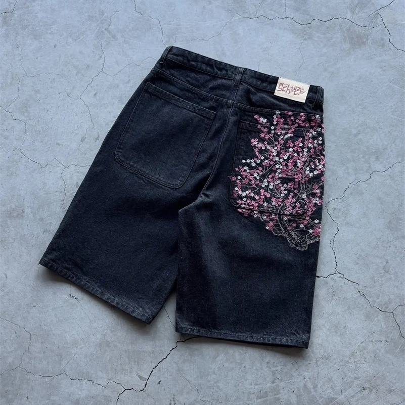 Hip Hop Cartoon Pattern Pocket Embroidery Denim Shorts Y2k Retro Baggy Dark Blue Jeans Short Men Women Street Skateboard Jorts 250827