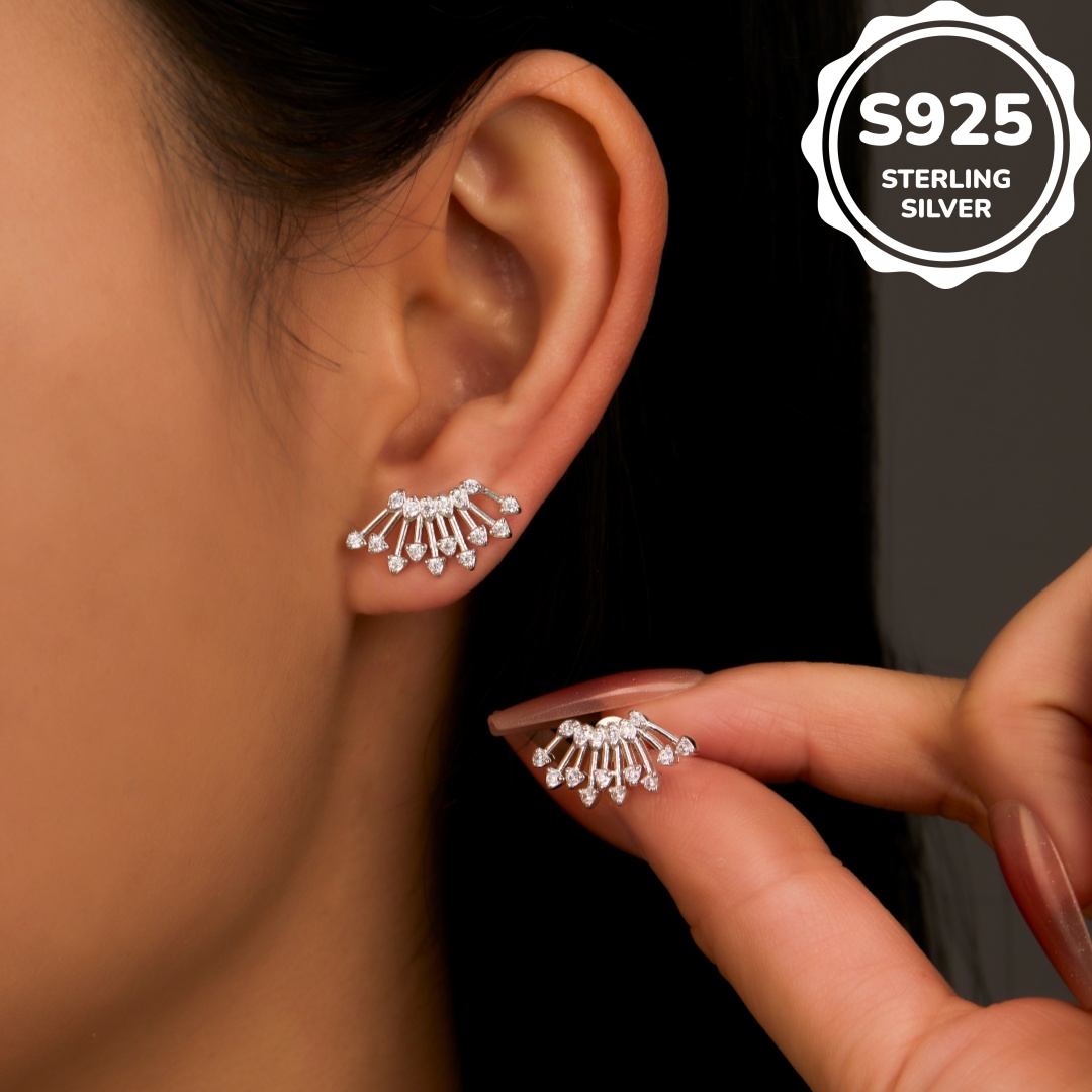 MT 925 Sterling Silver Cubic Zirconia Half Sun Stud Earrings for Women, 18K Gold Plated Sunshine Hypoallergenic Earring Fashion Jewelry