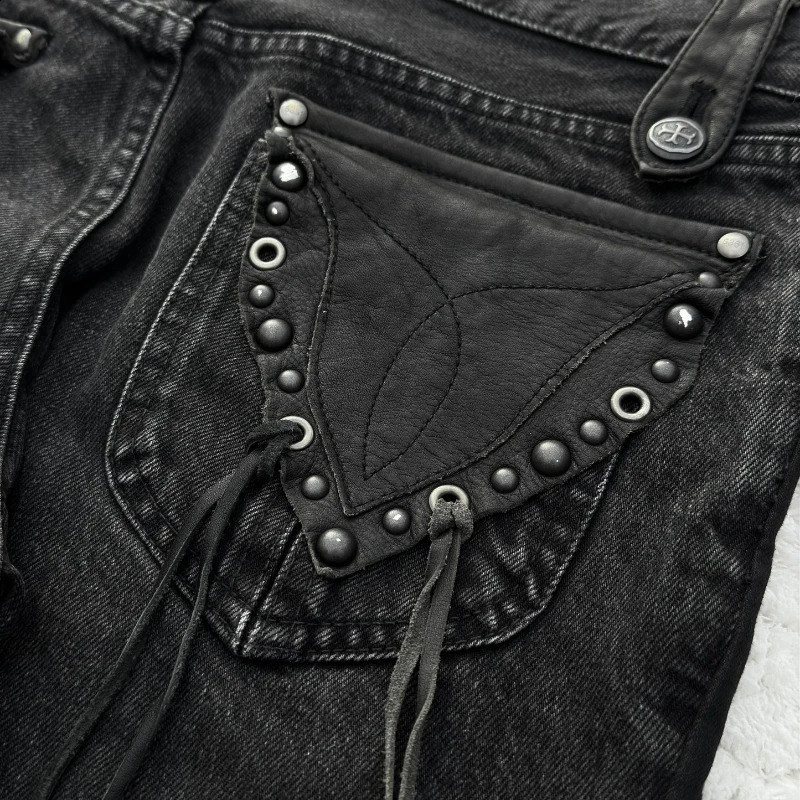 Y2K Black Washed Denim Pants Vintage Cross Leather Detail Micro Flared Jeans Punk High Street Western Cowboy Unisex Streetwear250828