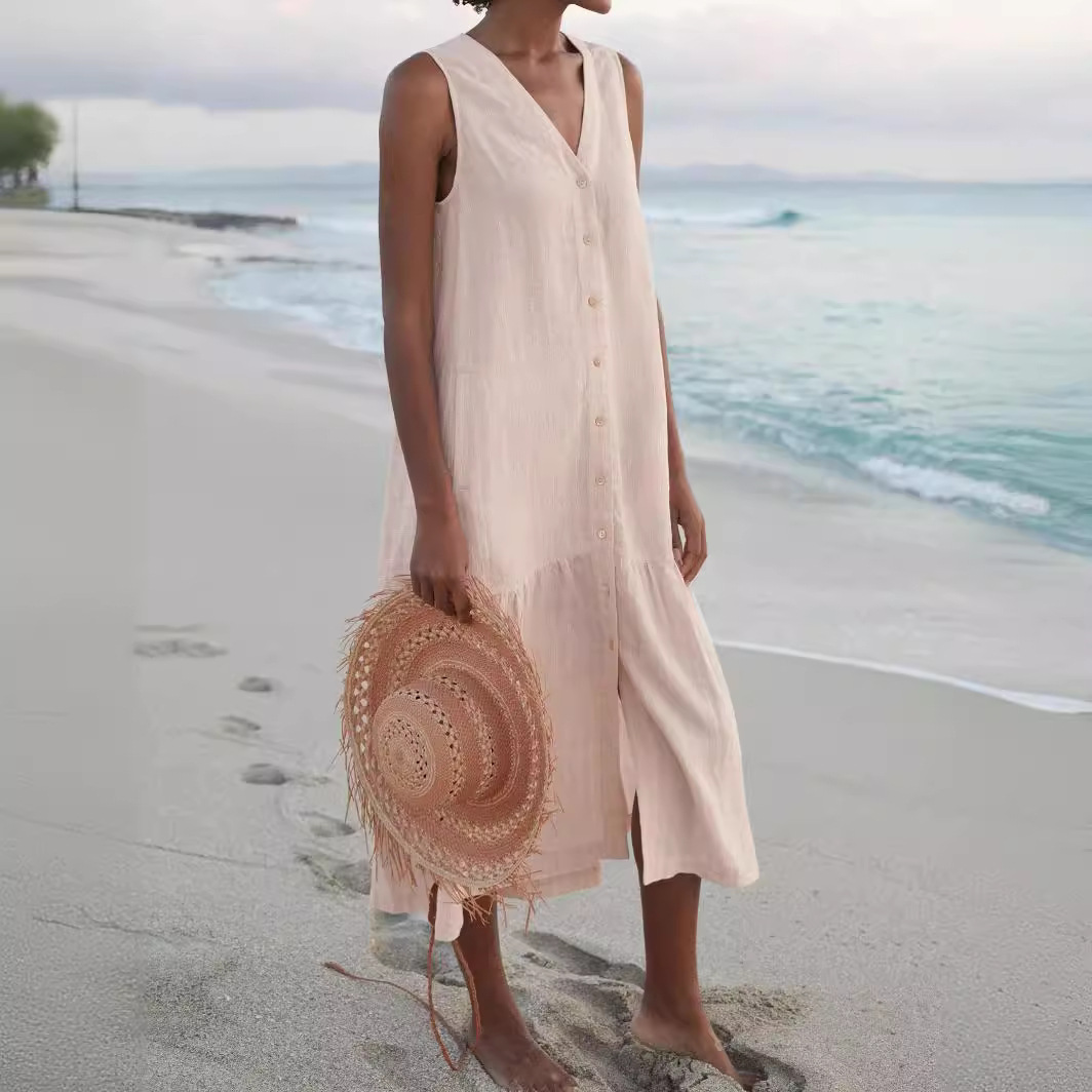 F825Summer foreign trade solid color cotton suspender type temperament commuting trend long skirt loose waist V-neck pink dress