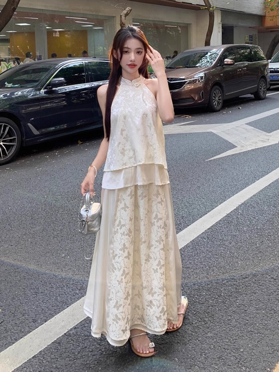 New Chinese Style National Style Cheongsam Cool Zen Style Outfit Set Halter Neck Top Half Skirt Set for Women Summer