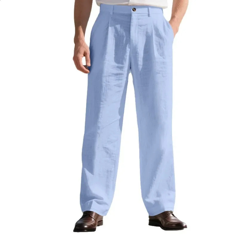Mens European And American Style Solid Color Linen Casual Suit Pants Fashion Beach WideLeg Trousers 250828