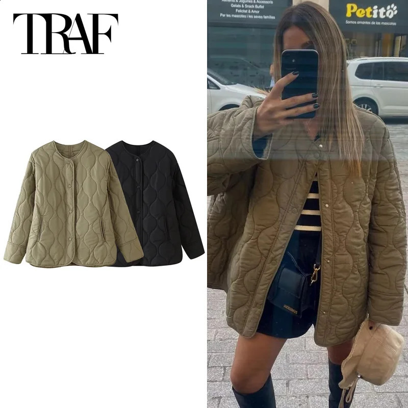 TRAF Cropped Quilted Jacket Woman DemiSeason Short Padded Jacket Parkas Black Army Green Outwears Warm Lightweight Padded Women 250827