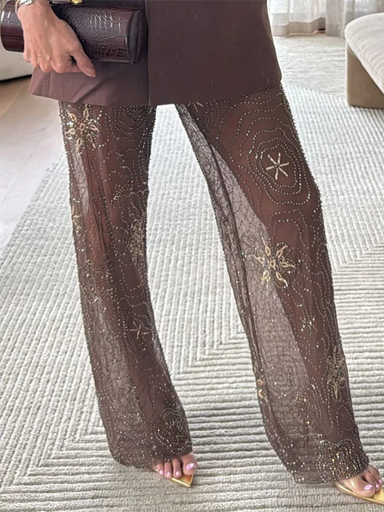 2025 Bead Splicing Sequin Womens Pants Chic Snowflake Straight Thin See Through Trousers Lady Summer Vacation Streetwear 250828