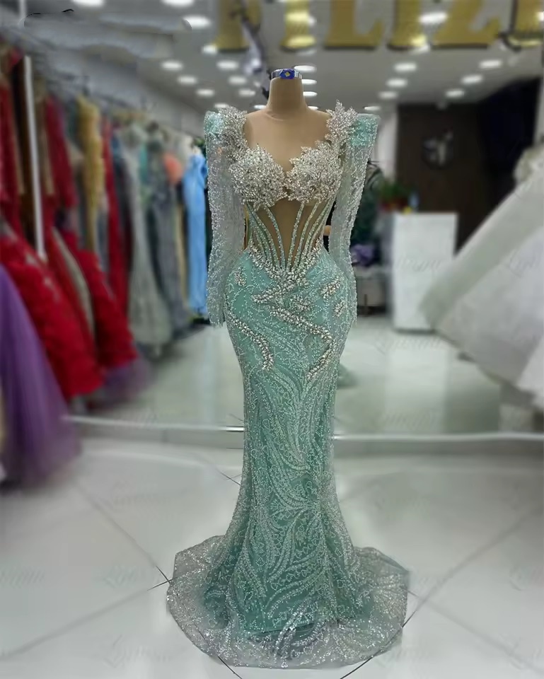 Sage Mermaid Prom Dresses 2025 Crystals Sheer Neck Sequined Sparkly Evening Formal Party Second Birthday Engagement Gowns Plus Size Dress For Special 