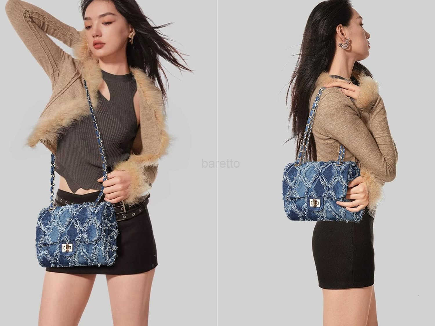Small Shoulder Bags Quilted Crossbody Distressed Jean Denim Purse Evening Bag Clutch Handbag with Chain Strap M250828