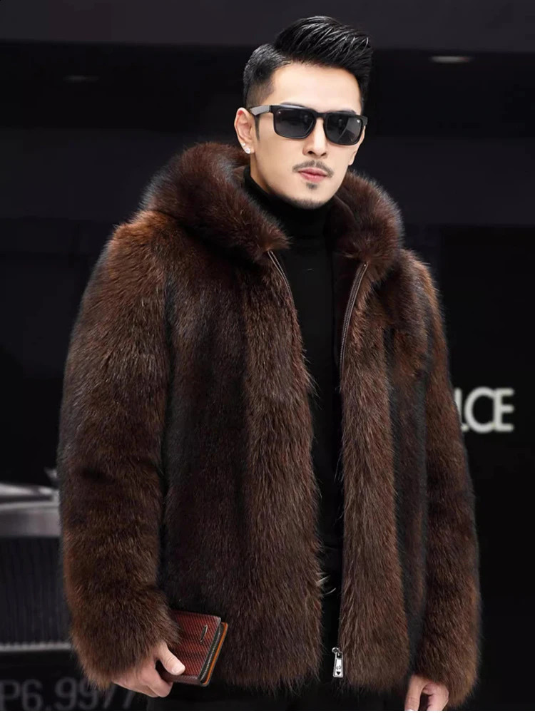 Coffee Fluffy Fur Coat 2024 Winter Warm Faux Men Zipper Hooded Thicken Jacket Furry Outerwear Large Size 250827