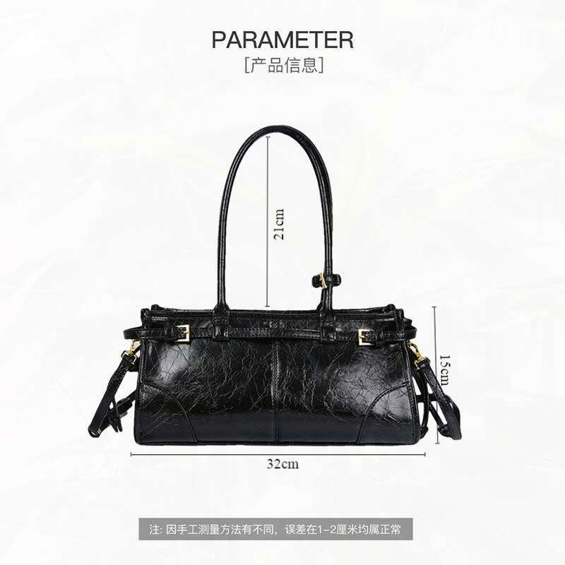 New Soft Lux Boston Baguette Retro Motorcycle Style Top Layer Oil Wax Leather Women's Crossbody Shoulder Bag