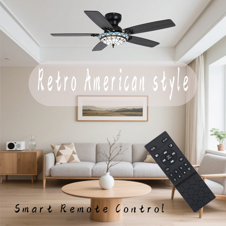 52 Inch Vintage Ceiling Fan with Stained Glass Light, Retro Style 5 - Blade Ceiling Fan for Living Room/Bedroom