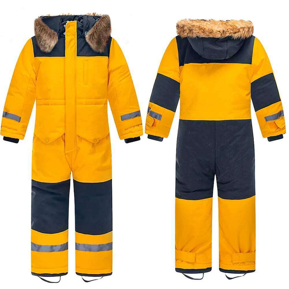 Baby Girls Boys One-Piece Ski Suits Children's Snowboarding Fur Hooded Thick Windproof Warm Skiing Sports Clothes For Winter