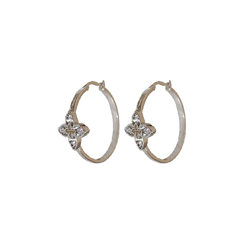 Silver - Toned Floral Hoop Earrings, CZ - Encrusted Flower Detail, Elegant Radiance for Daily or Polished Looks, Graceful Jewelry Accessory