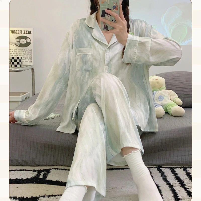 Plus Size Womens Sleepwear Simple Satin Pajama Set Long Sleeve Buttons Lapel Top with Elastic Pants Loungewear 2 Piece Nighty 250827