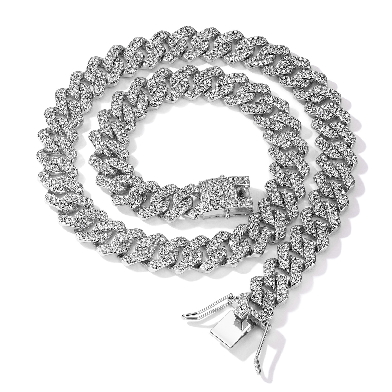 Diamond Cuban Chain, Silver Zinc Alloy, European and American Hip Hop Style Necklace, Single Row Punk Chain, Men's and Women's Design, Neck 