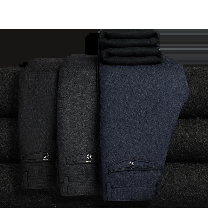 Mens Fleece Lined Suit Pants Business Casual Loose Straight Black Formal Dress Navy Blue Thick Warm Trousers 251023