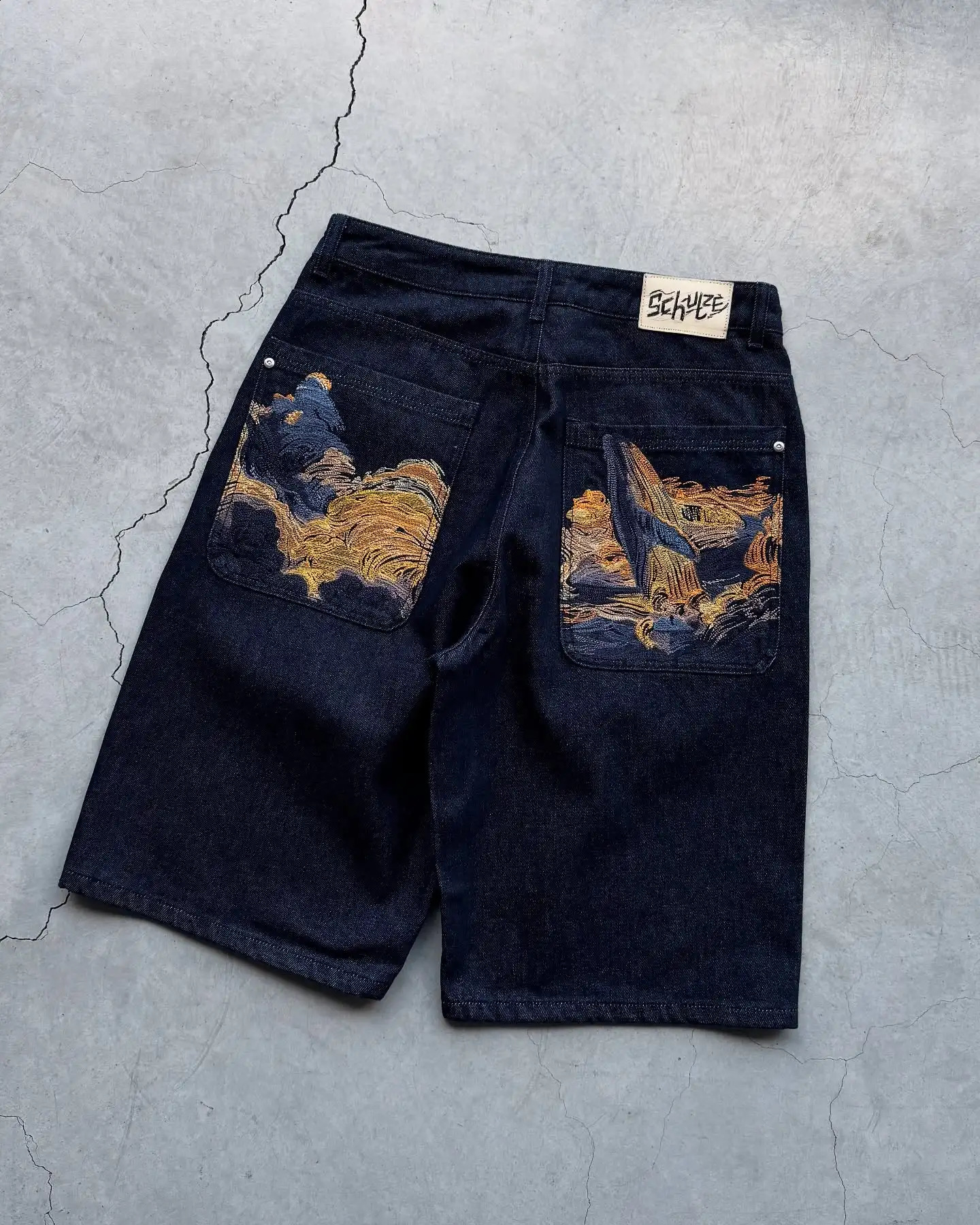 Streetwear Vintage Denim Shorts Y2K Men Women Hip Hop Cartoon Pocket Embroidery Baggy Shorts Over The Knee Pants Casual Shorts 250827