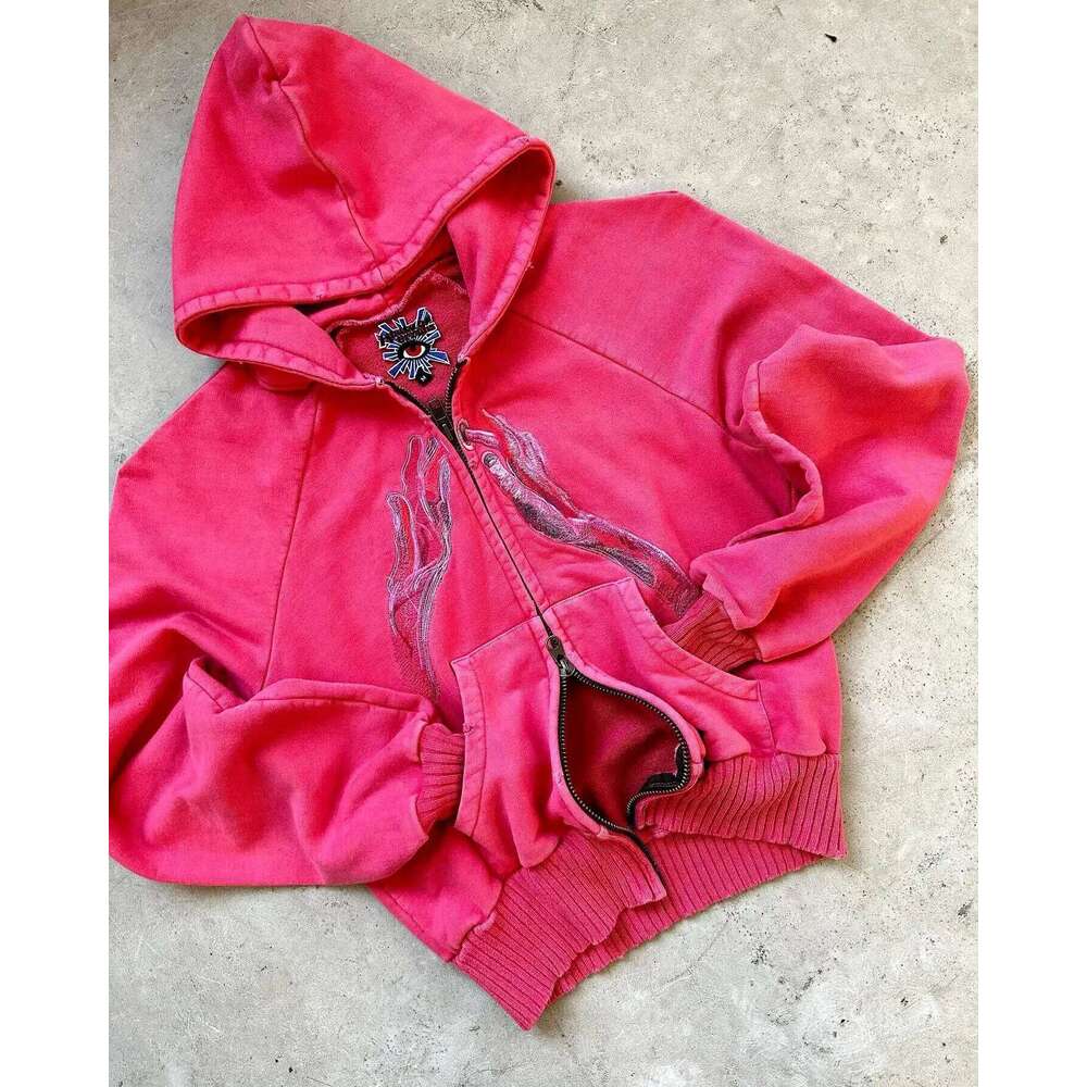 Haruku Hip Hop Goth Sweatshirt Zip Up Hoodie Y2k Plus Veet Oversized Pattern Hooded Tops Men And Women Hoodies Streetwear