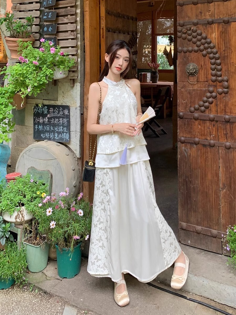New Chinese Style National Style Cheongsam Cool Zen Style Outfit Set Halter Neck Top Half Skirt Set for Women Summer